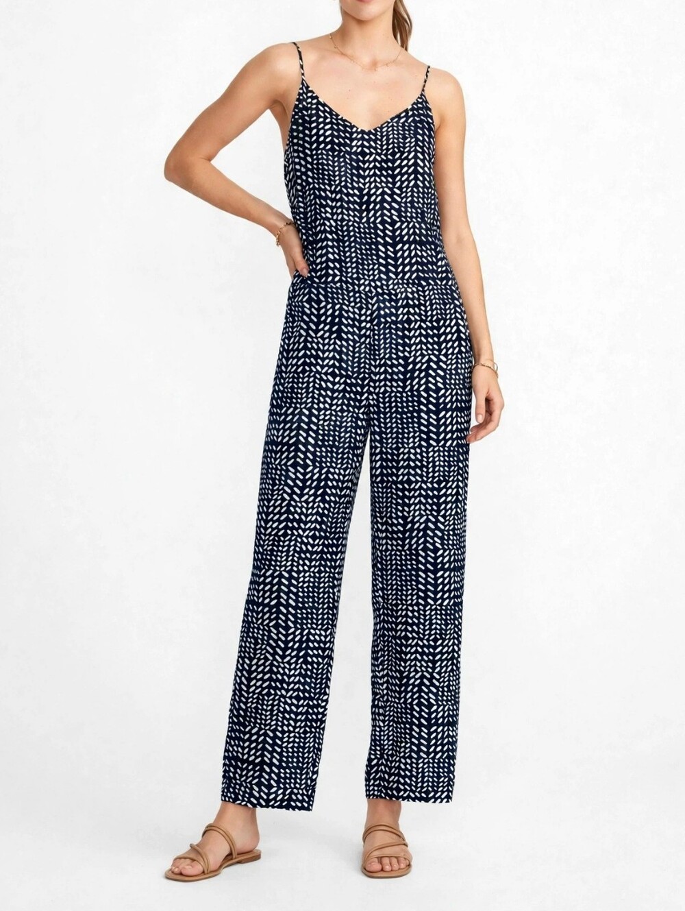 LOFT Leaf Print Cami Jumpsuit Blue & White Medium